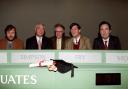 (l-r) Alistair Little, John Simpson, Bamber Gascoigne, Stephen Fry and Charles Moore in take part in a celebrity University Challenge in 1992 (Image: PA).