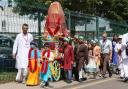 Teachers and pupils celebrate the Hindu festival of chariots, Ratha Yatra.