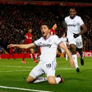 Pablo Fornals celebrates putting West Ham United in the lead against Liverpool. Picture: Action Images