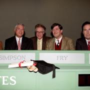 (l-r) Alistair Little, John Simpson, Bamber Gascoigne, Stephen Fry and Charles Moore in take part in a celebrity University Challenge in 1992 (Image: PA).
