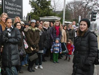 Sarah Bexley with parents outside St Joseph's Convent School