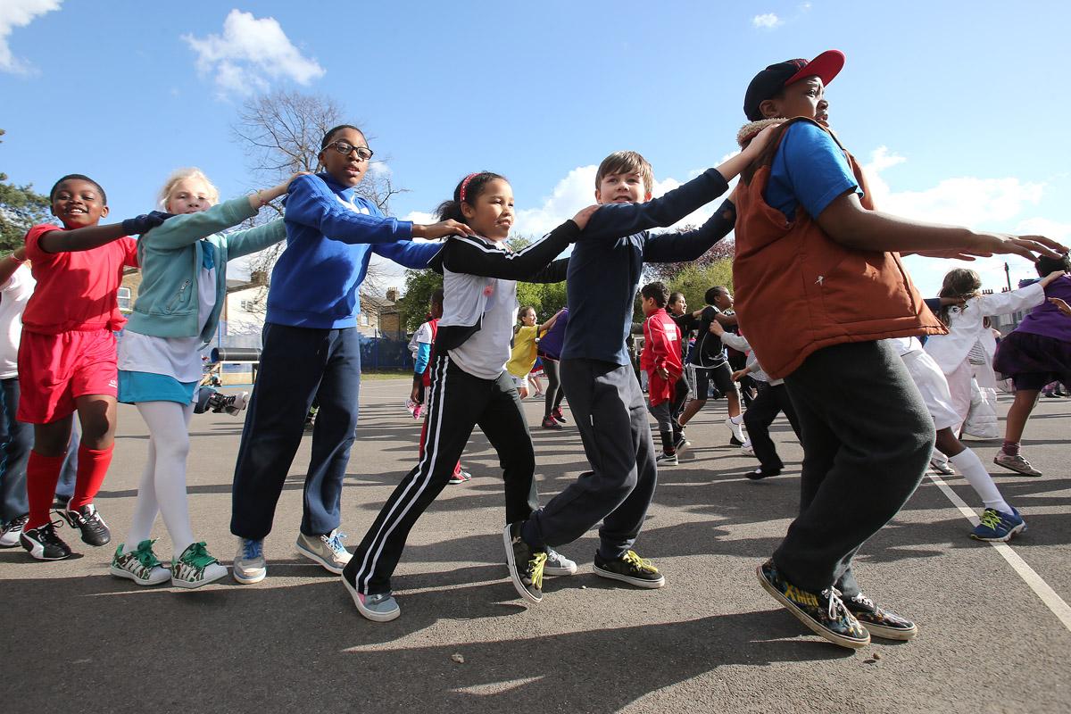 Children take part in a school dance-off for sports relief at St Mary's C of E Primary School, Brooke Road, Walthamstow. (21/3/2014) EL75987_1