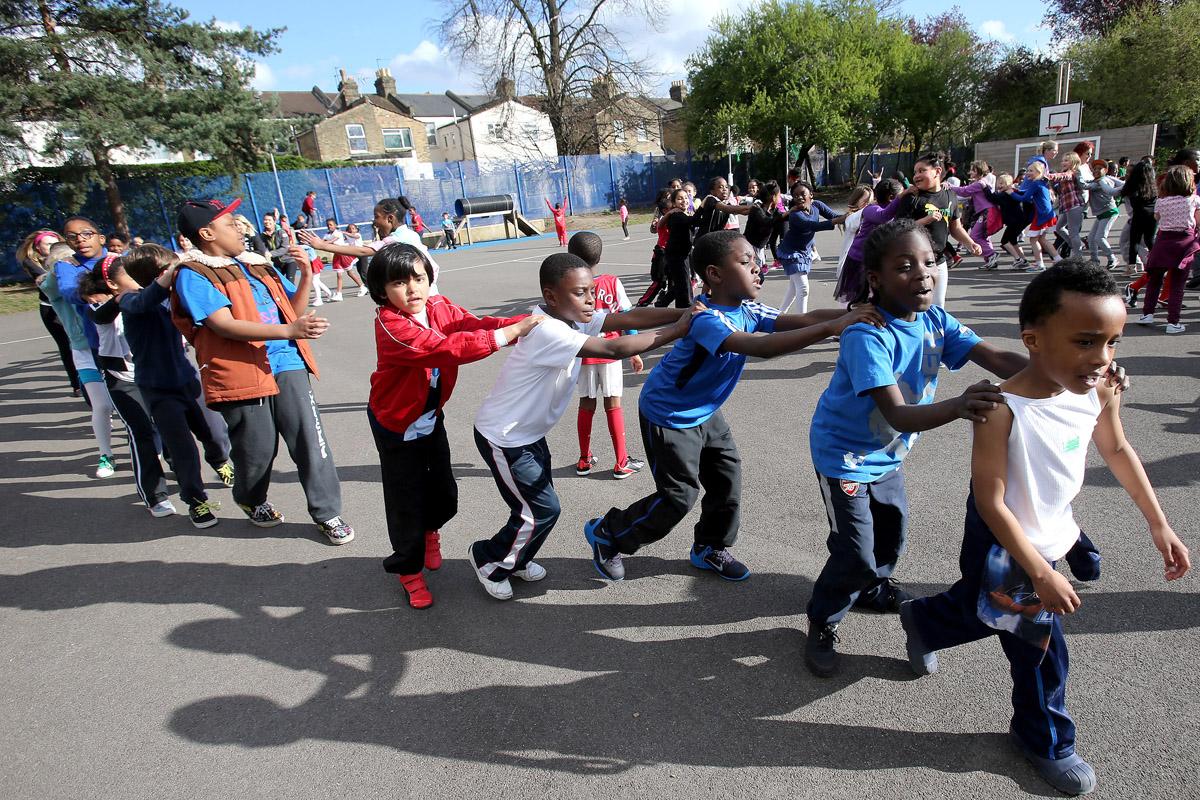 Children take part in a school dance-off for sports relief at St Mary's C of E Primary School, Brooke Road, Walthamstow. (21/3/2014) EL75987_2