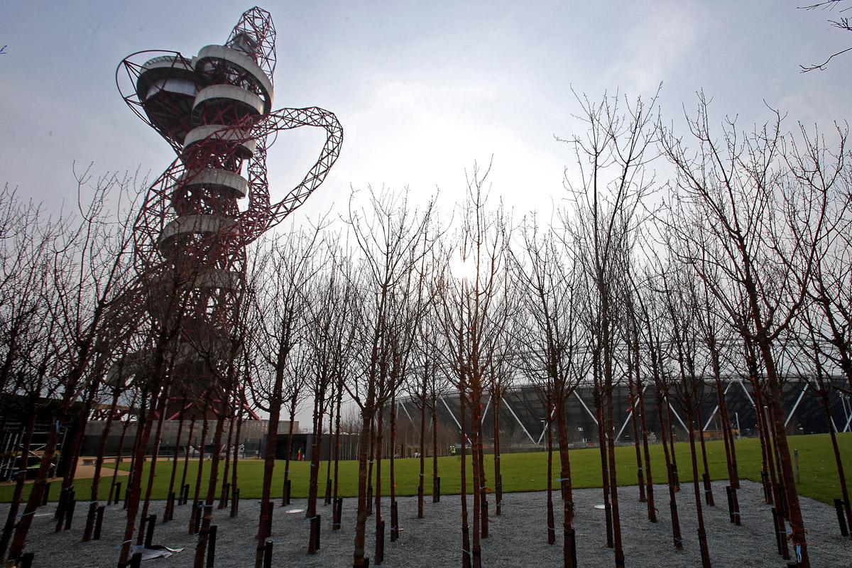 The southern part of Queen Elizabeth Olympic Park includes the Arcelormittal Orbit, Carpenters Lock, fountains and play areas.(28/3/2014) EL76065