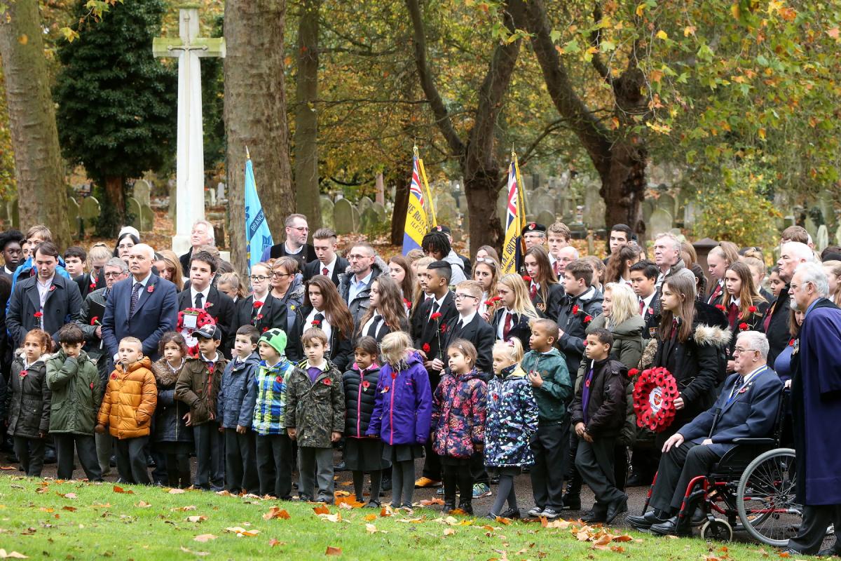 British Legion Remembrance Service at Chingford Mount Cemetery, children from Chingford Foundation, Parkside, Rushcroft and Chace Community from Enfield placed flowers over 200 graves. (6/11/2015) EL86105_3
