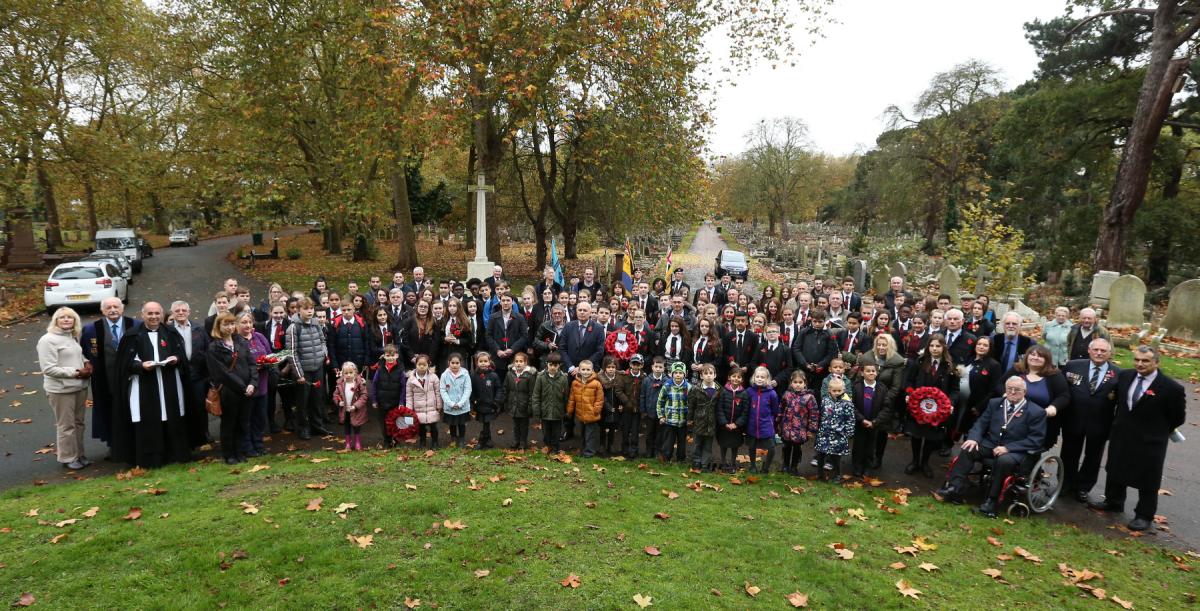 British Legion Remembrance Service at Chingford Mount Cemetery, children from Chingford Foundation, Parkside, Rushcroft and Chace Community from Enfield placed flowers over 200 graves. (6/11/2015) EL86105_1