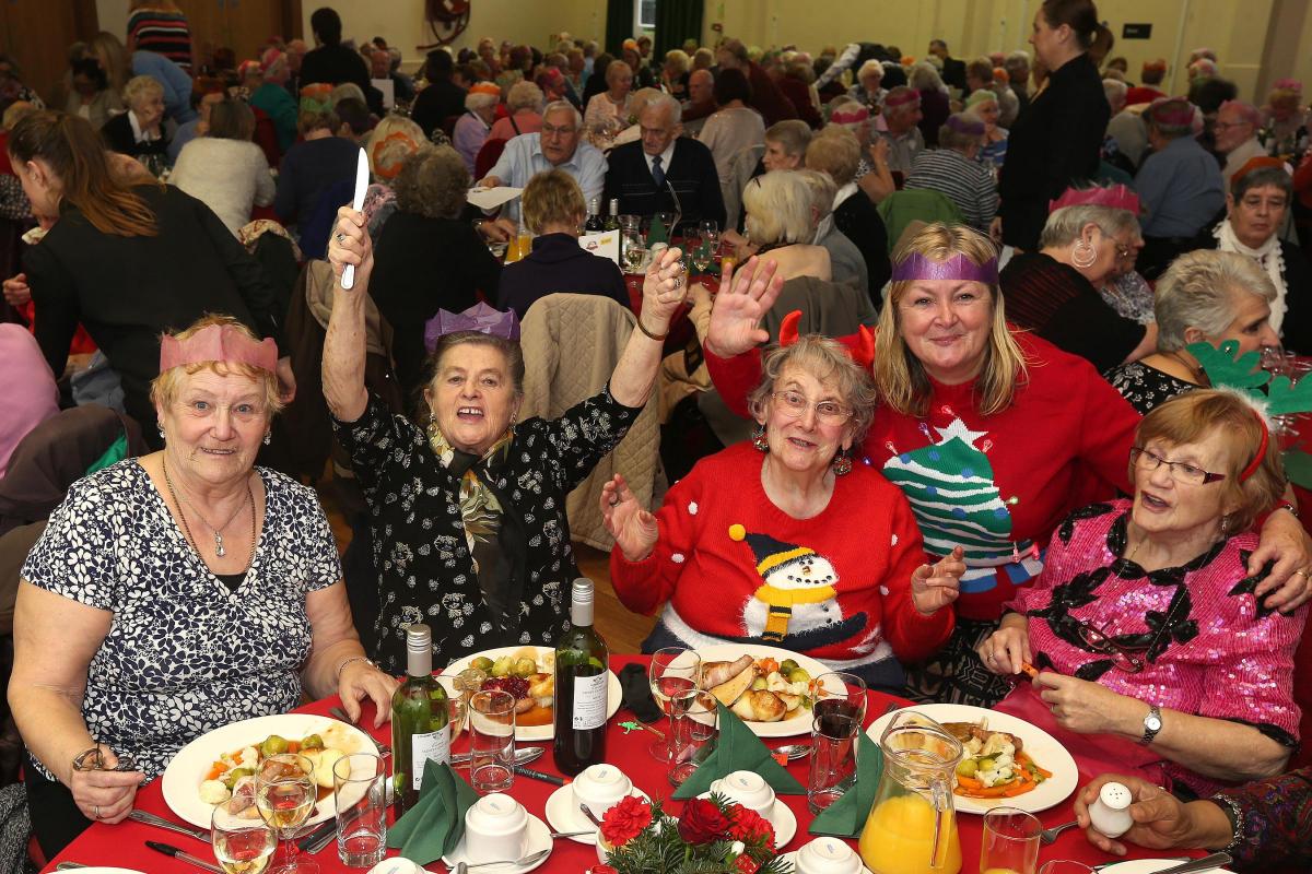 L-R, Barbara Mansfield, Eillen Flindall, Lily Love, Kathleen Henderson and Mary Blundell enjoy a Christmas Lunch for Waltham Forest residents over 65 years of age at Chingford Assembly Hall, The Green, Chingford. (11/12/2015)
EL86384_1