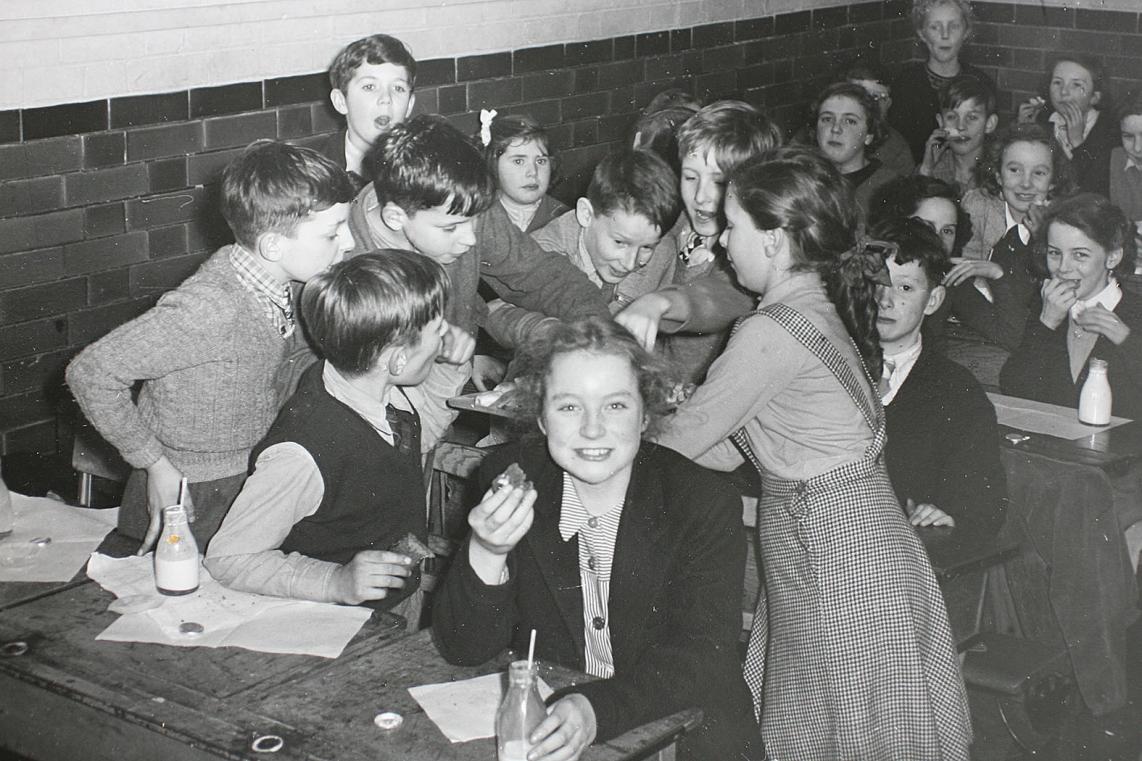 Milk during break time at Churchfields Junior School. South Woodford. (school archive)