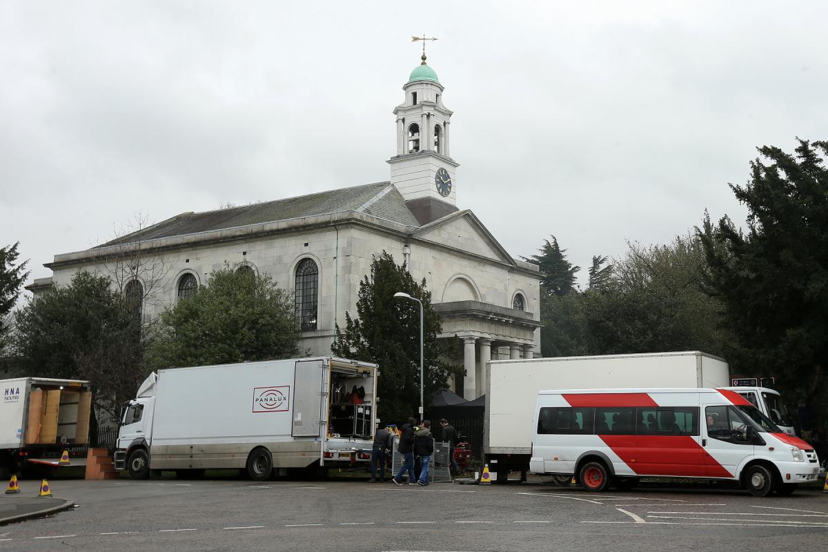 Oscar-nominated actor Tom Hardy filming at St Mary's Church in Wanstead for the BBC drama, Taboo. 
