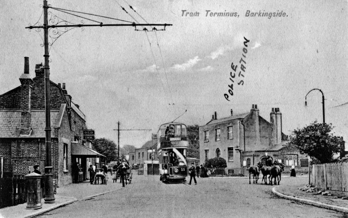 Barkingside High Street, in 1905 with the Chequers pub on the left and the police station on the right (Picture: Alan Simpson/Leyton and Leytonstone Historical Society)