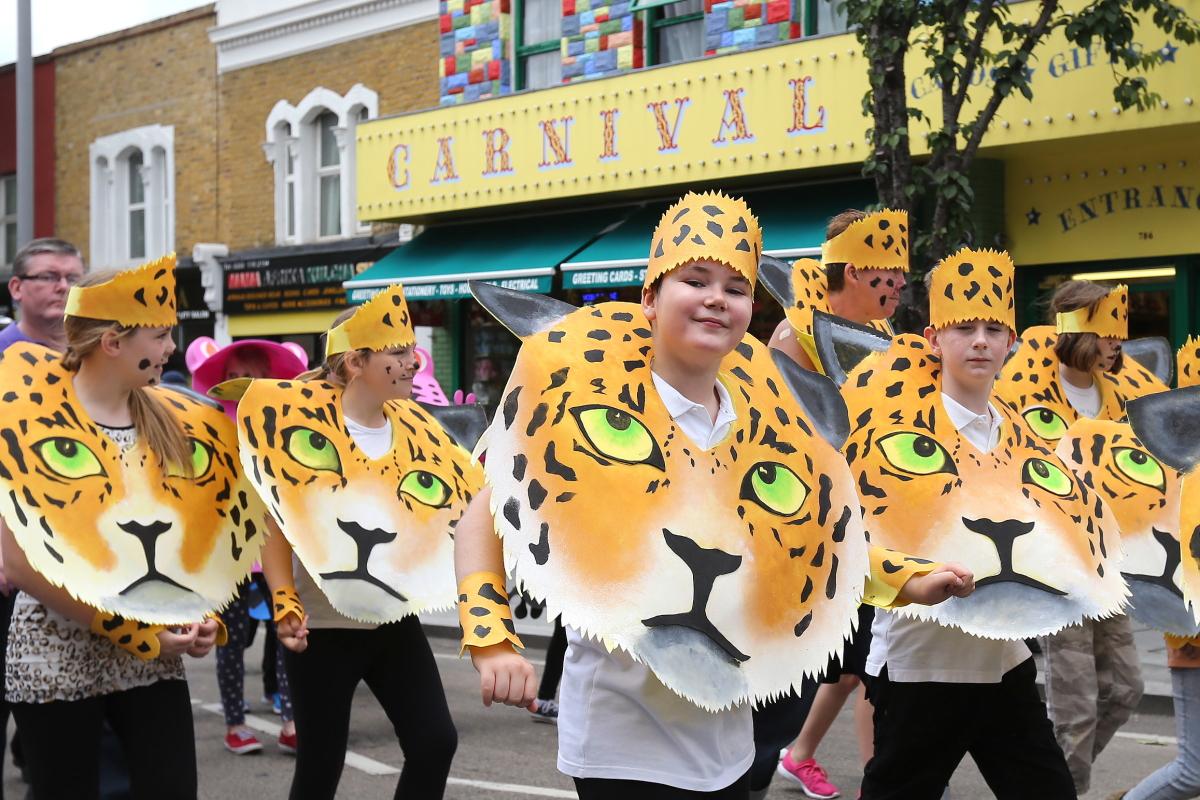 Rio-themed youth carnival procession makes its way along Leyton High Road during the Leyton Get Together. (3/7/2016) EL87718
