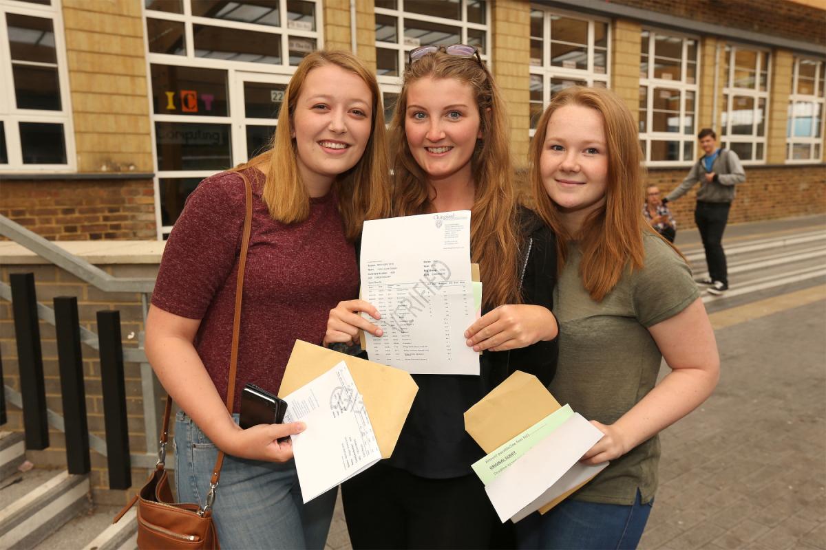 Megan Smith, Holly Cooper and Charlotte Draper. A Level Results at Chingford Foundation School. (18/8/2016) EL87672_8