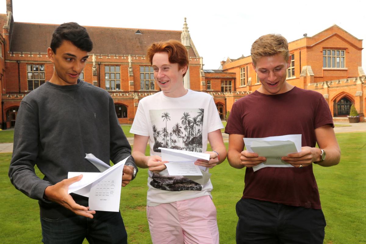 Students Rowan Nijjar, Charlie Gerlack and George Margetson-Rushmore collect their A Level results at Bancroft's School, Woodford Green. (18/8/2016) EL89028_2