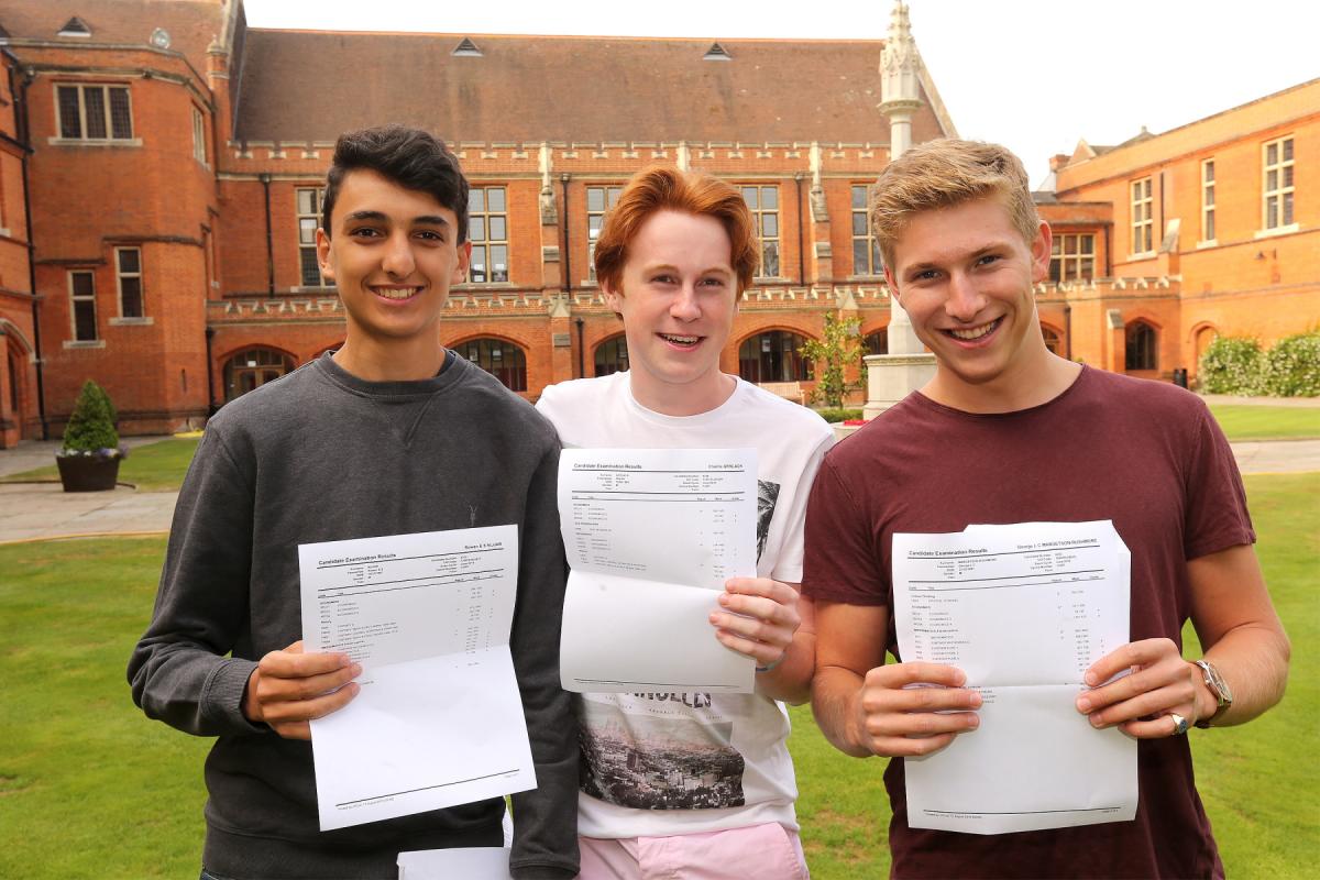 Students Rowan Nijjar, Charlie Gerlack and collect their A Level results at Bancroft's School, Woodford Green. (18/8/2016) EL89028_3