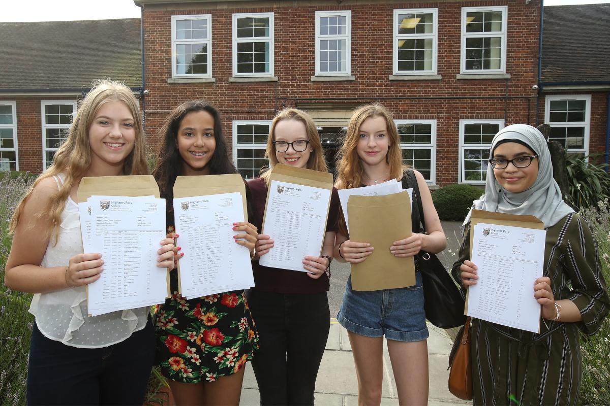 L-R, Anna Chatterton, Jasmine King, Rebecca Mear, Robyn King and and  Anam Salam collect GCSE results at Highams Park School. (25/8/2016) EL89056_8