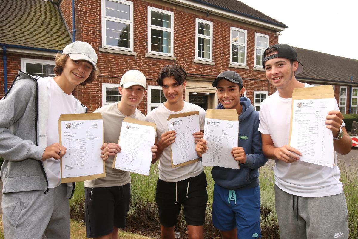 Students Harrison Mcdonagh, Zac Lee, Benjamin Leo, Joseph White and Alex Oldroyd collect GCSE results at Highams Park School. (25/8/2016) EL89056_9