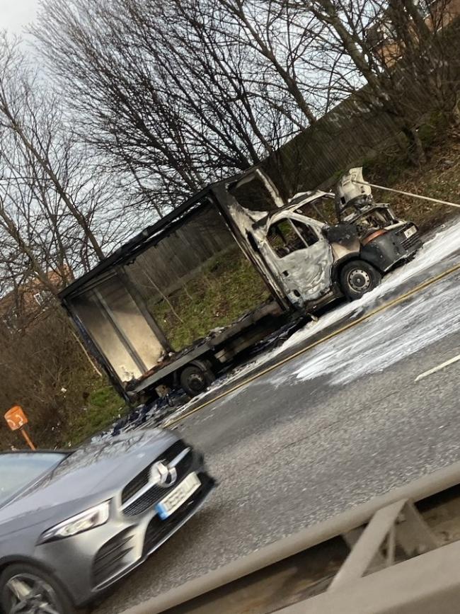 A van caught fire on the A406. Photo: @Proteksecurity1