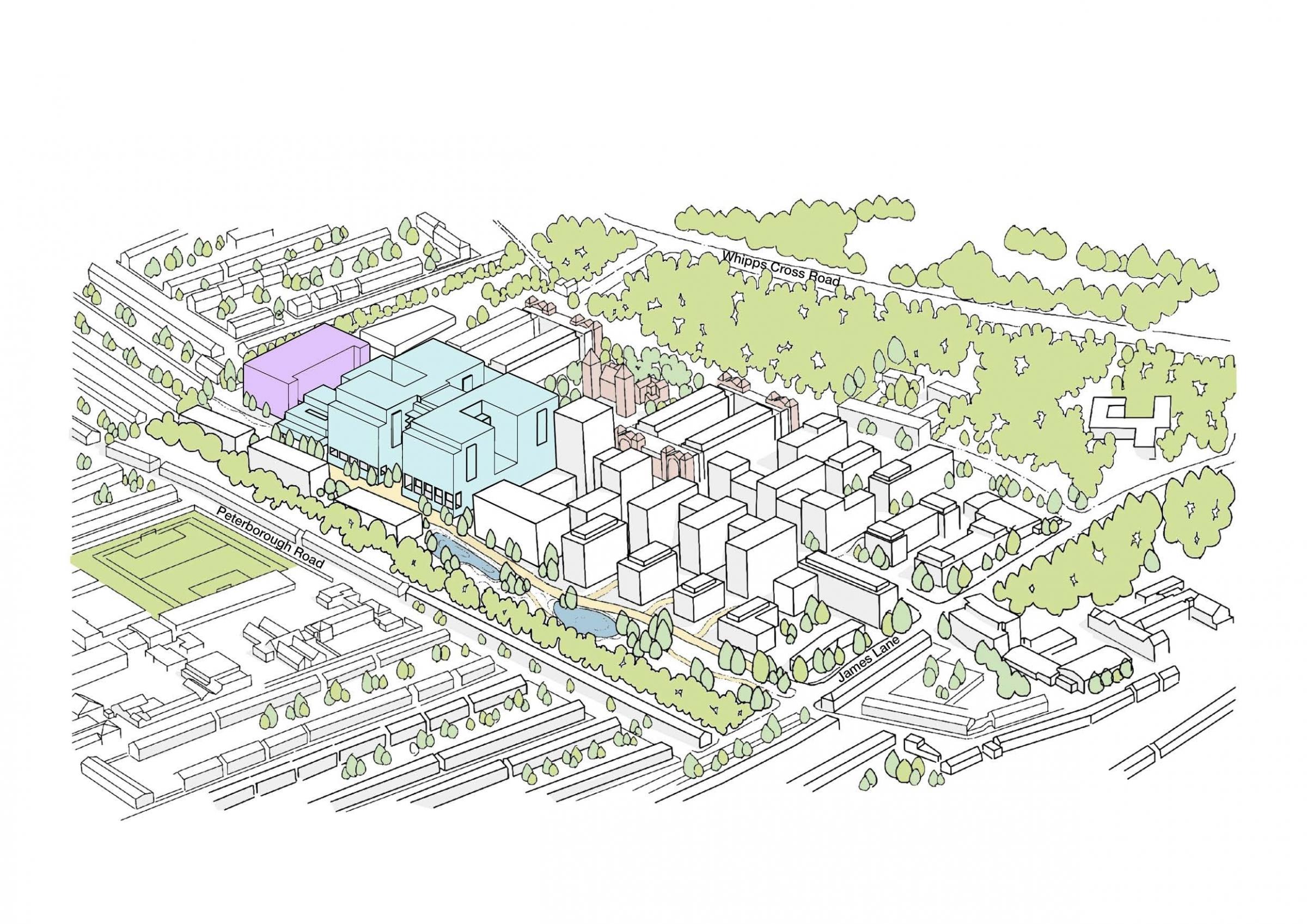 A sketch looking north-east showing the trusts updated proposals for the Whipps Cross site. The new hospital is shaded in blue and the new multi-storey car park isshaded in purple. Photo: Barts Health NHS Trust