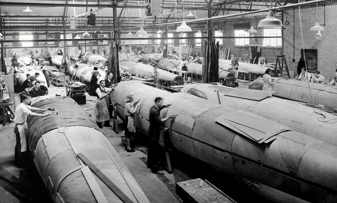 The Mosquito fuselage production line at Wrighton Aircraft