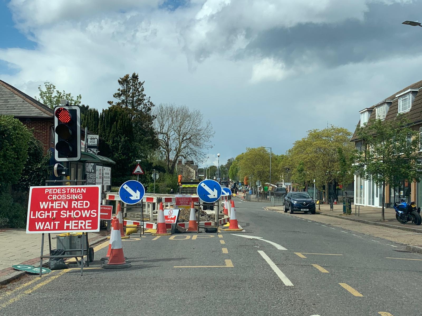 Four-way roadworks in London Colney High Street at the junction of White Horse Lane