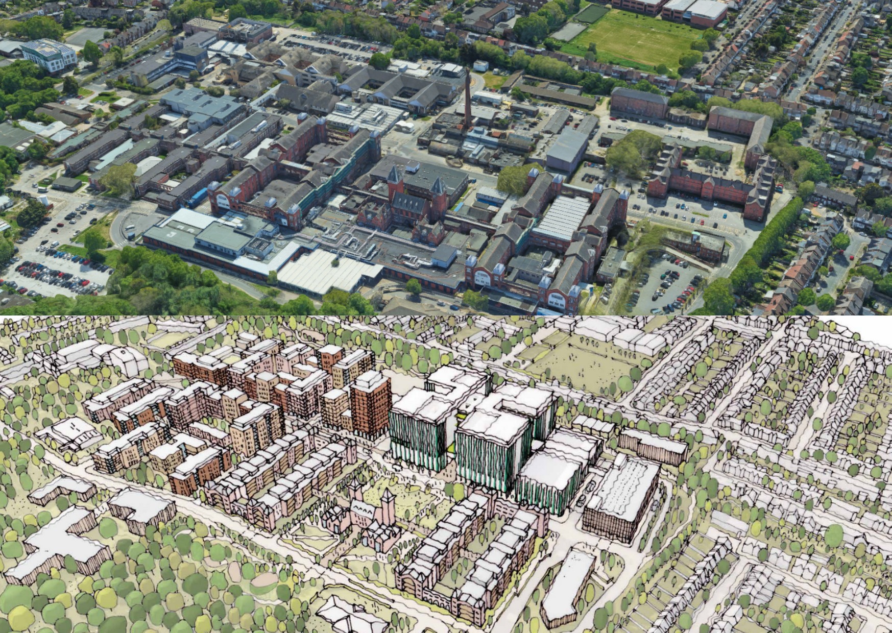 An aerial view of the current hospital campus and an artists impression of the new site (Barts/Ryder Architecture)