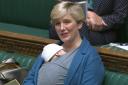 Labour MP Stella Creasy speaking in the chamber of the House of Commons, in London, with her newborn baby strapped to her. Photo: PA Images