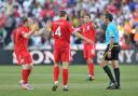 England's players surround the referee after Frank Lampard's 'goal' is ruled out