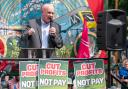 RMT general secretary Mick Lynch speaks at a rally outside Kings Cross station in London. Picture: PA