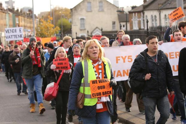 The Leyton Orient Fan Trust (LOFT) protest march makes its way to Brisbane Road in Leyton