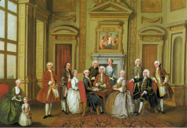 A postcard of a painting by J F Nolleken on display at Fairfax House, York. It is thought to be the Tylney family in the saloon at Wanstead House, 1740.