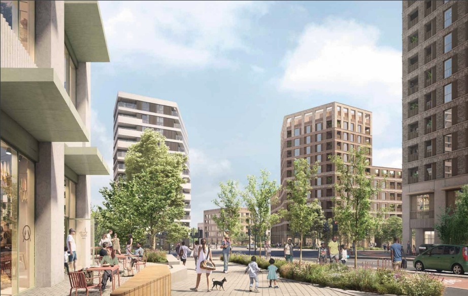 An artist\s impression of the Lea Bridge development from the station plaza. Image: Hawkins\\Brown © & Exterior Architecture