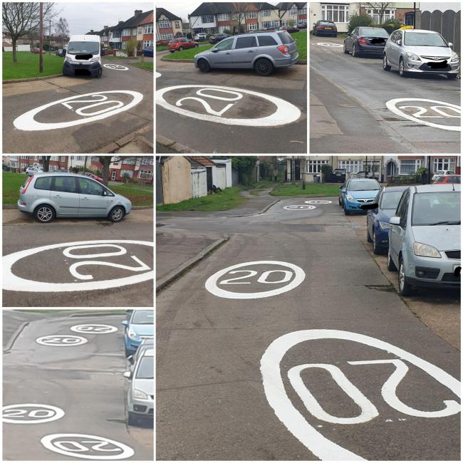 The 20mph signs that have been painted in Hurst Close in Chingford Mount this week. Credit: Tracey Gould