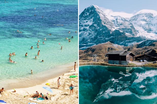 East London and West Essex Guardian Series: (left to right) People playing in the sea and on the beach. Snowy mountains in Switzerland. Credit: Canva