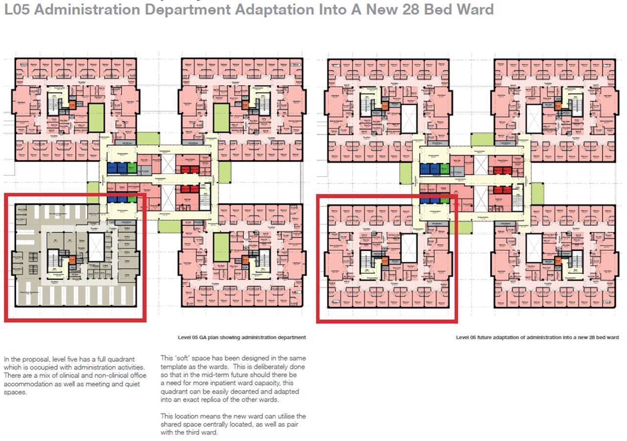 A floor plan shows how the administrative area has been redesigned to be converted into a 28-bed ward if needed. Image: Barts Health