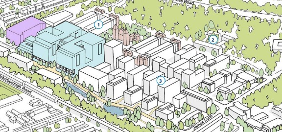 An artist\s sketch of proposals for Whipps Cross shows the new hospital (light blue), multi-storey car park (pink) and 1,500 homes (white). Image: NHS