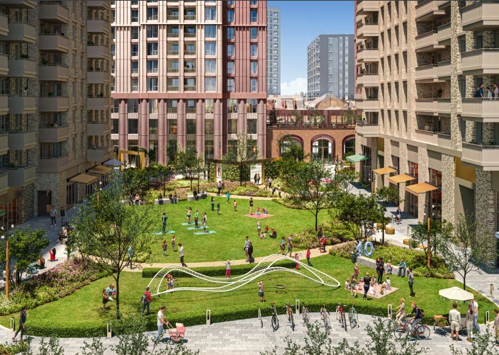 A CGI image of the public realm area at the centre of the proposed plans. Image: HTA