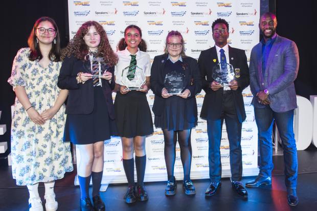 East London and West Essex Guardian Series: Left to right: Mayumi Staunton – 2021 winner, Grace McCarthy – third place, Maya Redley – fourth place, Izzy Hilton – second place, Michael Akinyemi – winner and Tim Campbell MBE. Picture: Andrew Preece