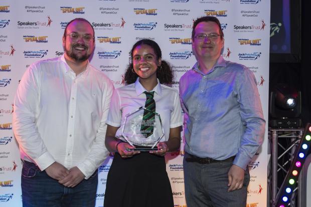East London and West Essex Guardian Series: Left to right: Lewis Hooper, youth trustee of the Jack Petchey Foundation, Maya Redley and Russell Findlay, chief executive officer of Speakers Trust. Picture: Andrew Preece