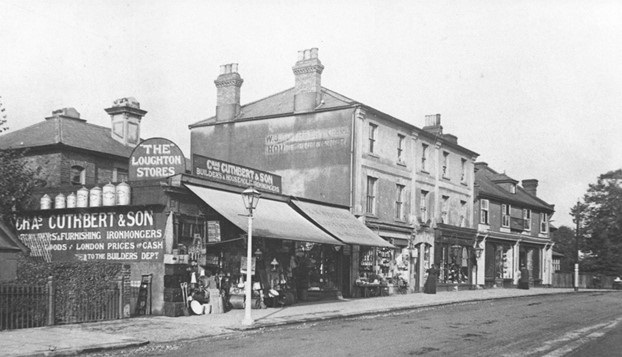 High Road, Loughton, c1910. Cuthbert & Son was a general ironmonger & furnishings store with at least three generations of the family having run the business from the late 19th Century. Today the premises is occupied by a pawnbroker. Credit: Gary Stone