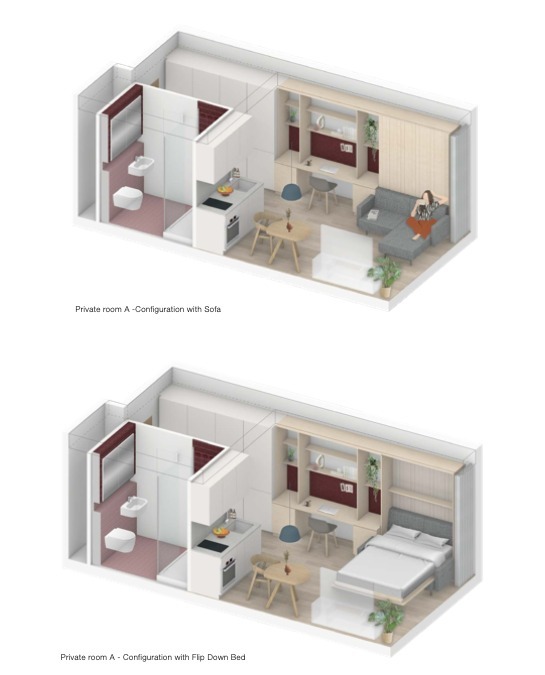 Smaller studio rooms are 20sqm with flip down beds. Image: Scape