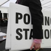 Ballot boxes and polling station signs..North London Business Park.New Southgate.NL20288.