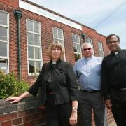 Rev Leslie Goldsmith, Rev Malcolm Boulter and Rev Britto Belevendran outside South Chingford Library