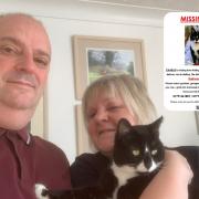Mark and Linda Fishman reunited with missing cat Charlie, who hopped into a furniture delivery van in Halling, Kent, and was found in the Wanstead Flats area