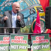 RMT general secretary Mick Lynch speaks at a rally outside Kings Cross station in London. Picture: PA