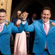 David Sparrey (left) and Shane Yerrell (right) on their wedding day at Wanstead United Reformed Church