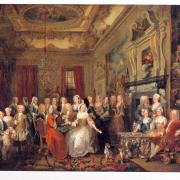 Extract from a painting of the Child family 'An Assembly at Wanstead House' by William Hogarth c.1728.  It is suggested that Mary is the lady in gold seated next to her step brother Richard, Lord Castlemain (later Earl Tylney).
