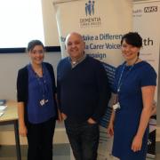 Lucy Jones and Michelle Parker, Barts Health NHS Trust dementia nurses, with Tommy Whitelaw