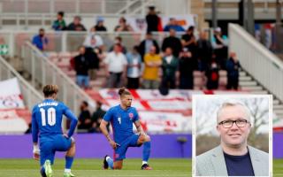 Jack Grealish and Kalvin Phillips take the knee before England's friendly against Romania. Main picture: Action Images