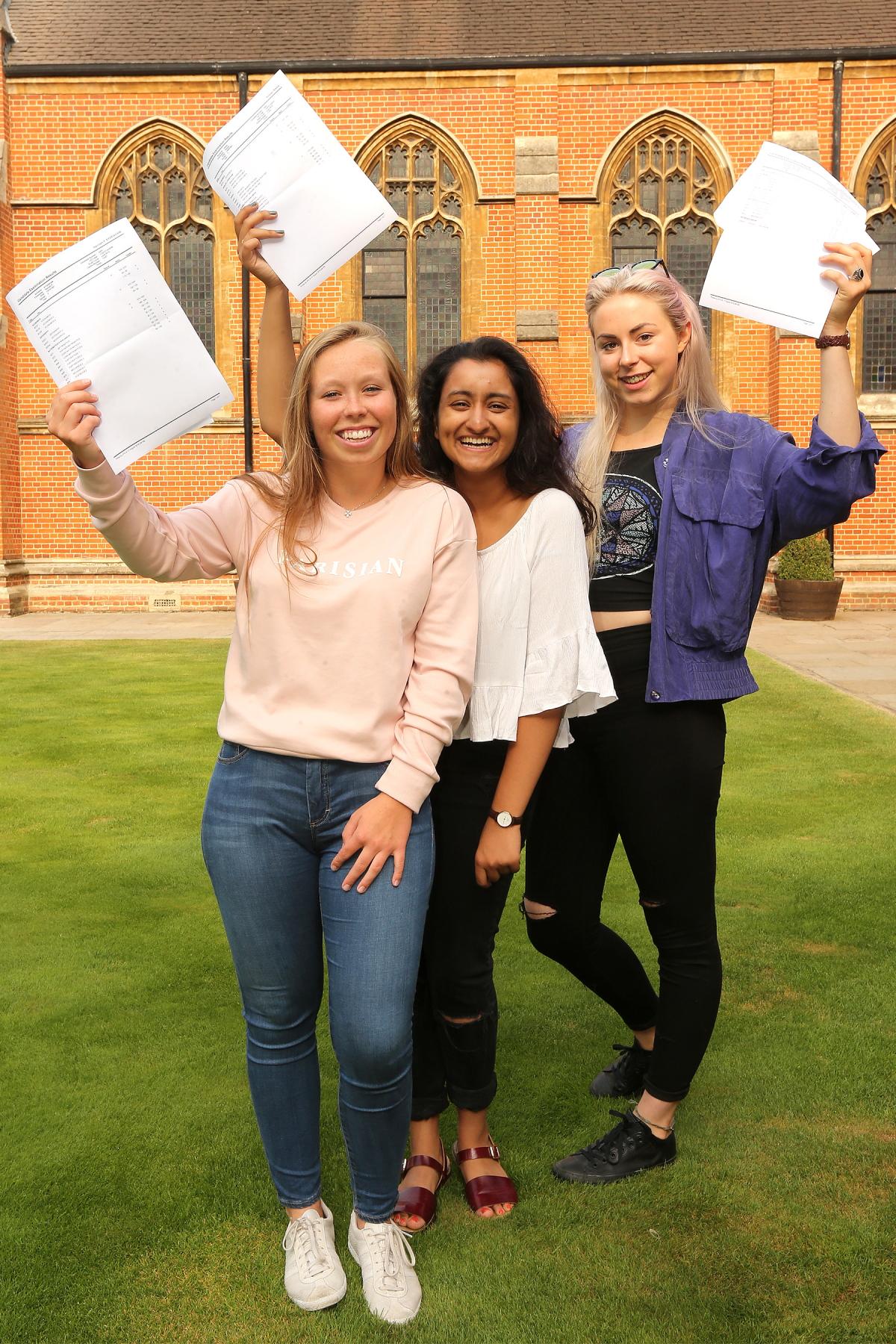 Hannah Sydenham, Kimran Rana and Hannah Bousfield collect their A Level results at Bancroft's School, Woodford Green. (18/8/2016) EL89028_4