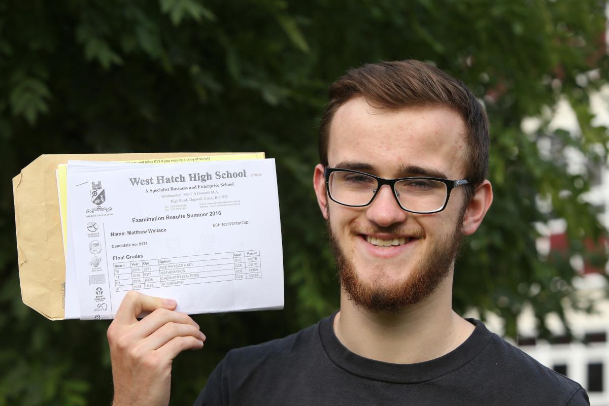 Matthew Wallace with his results. A Level results day at West Hatch High School, Chigwell. (18/8/2016) EL89030_1
